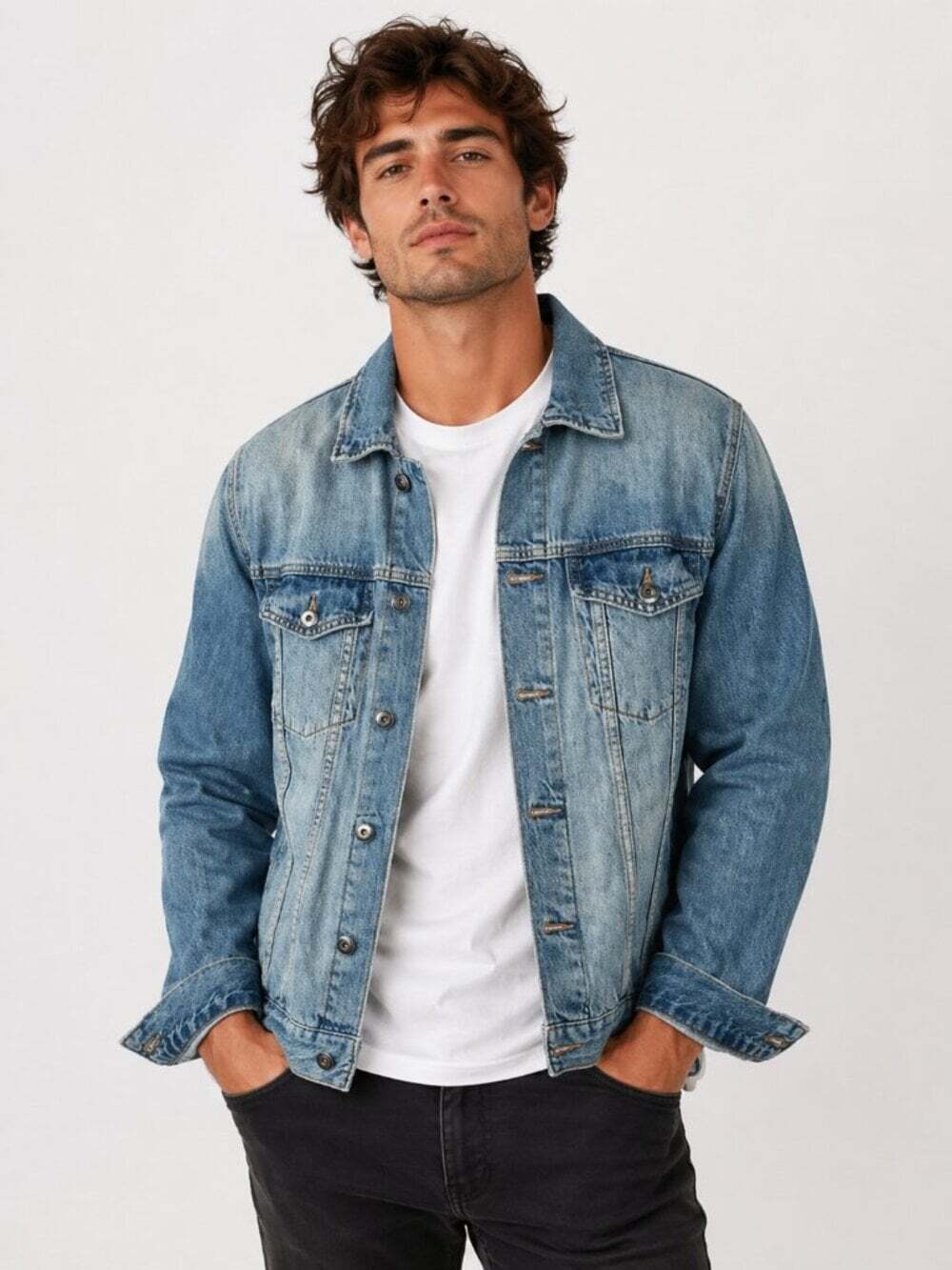 Forever 21 Denim Trucker Jacket Washed Blue Button Front Mens Small Classic
